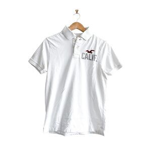 Hollister Mens Polo Shirt Huntington Beach Print Collared White Large